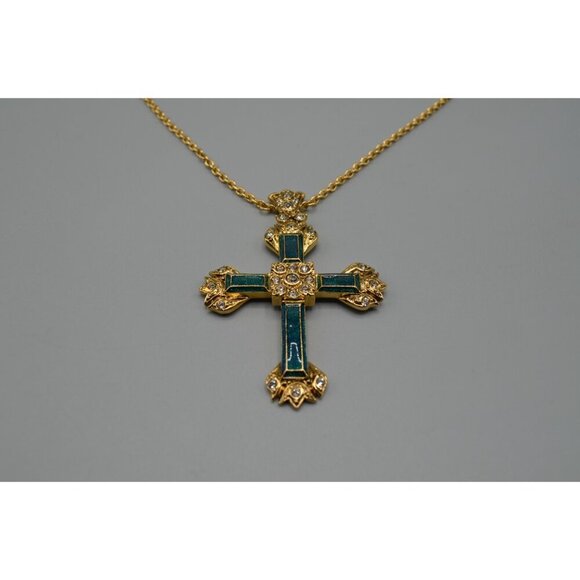 Ciro Thailand Gold Tone Cross Pendant Necklace w/ Green Inlay 19" Chain - Picture 3 of 9